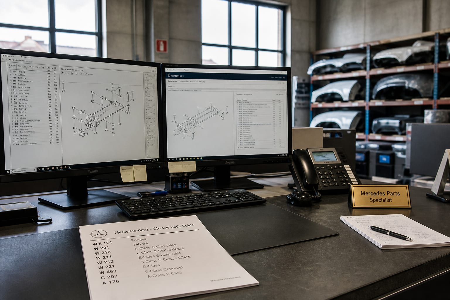 Parts specialist desk with chassis diagrams on dual monitors at the Stern Chassis Parts depot