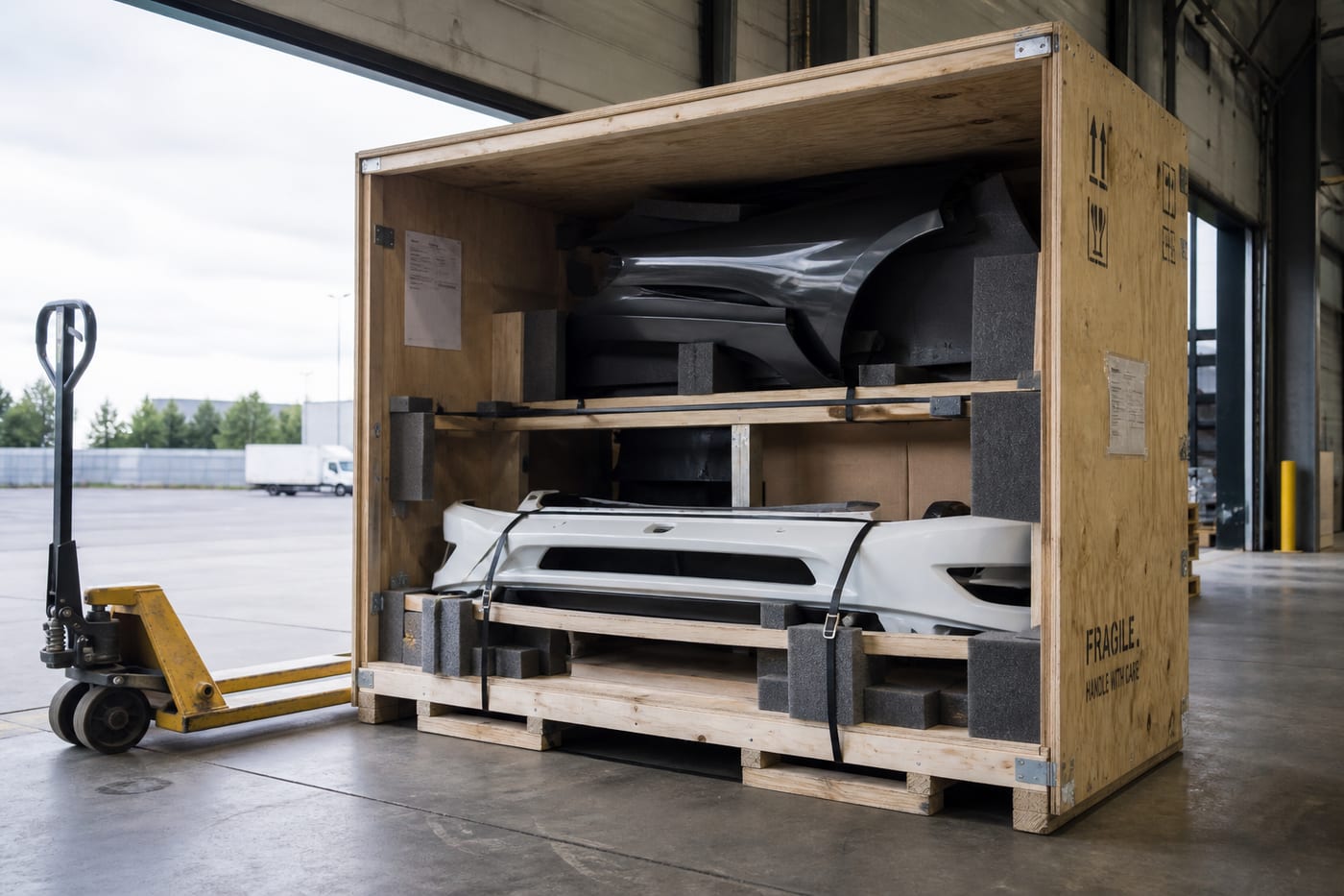 Open plywood export crate with foam-blocked body panels strapped for freight