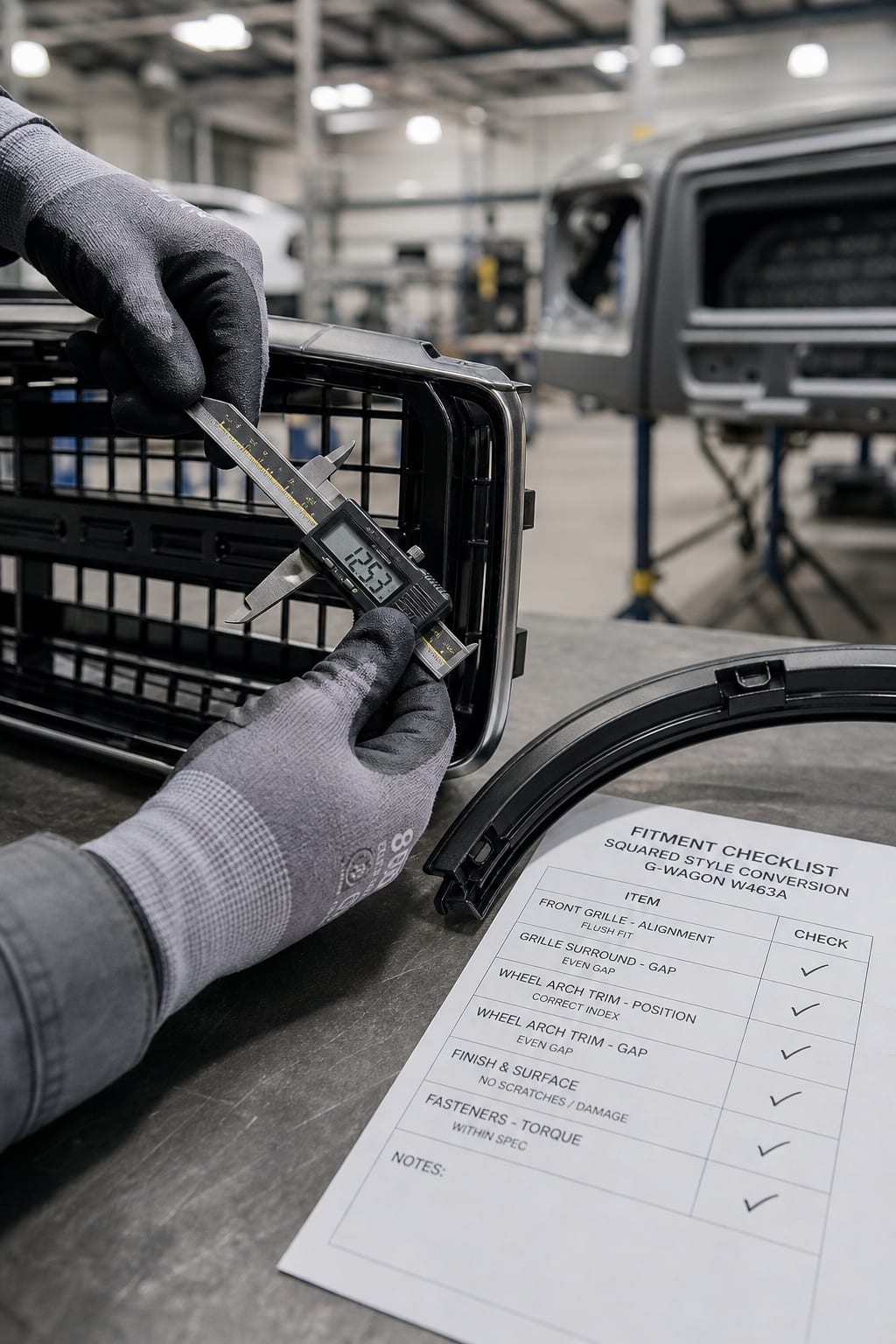 Gloved hands measuring an SUV grille and arch trim against a printed chassis fitment checklist