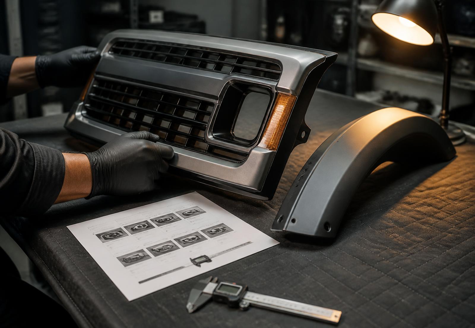 Gloved technician measuring a squared-off SUV grille and wheel arch trim against a printed fitment checklist