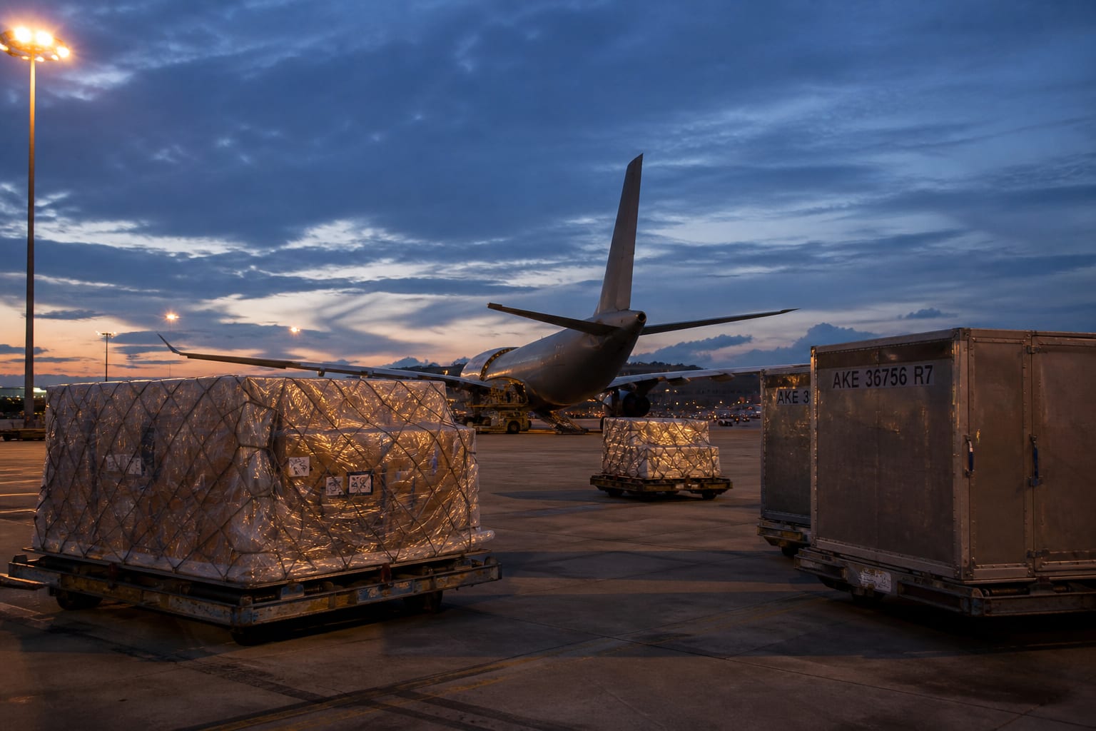 Palletised air cargo and freight containers on a logistics apron at dusk