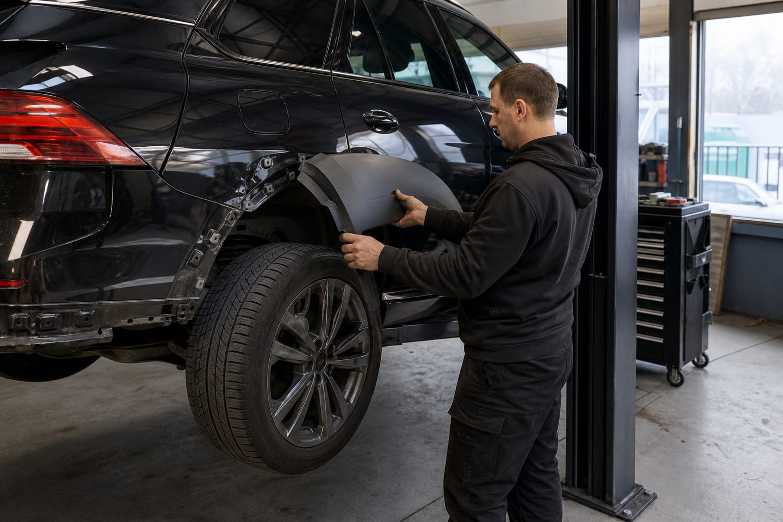 SUV on a lift while a technician test-fits a body panel in the workshop bay