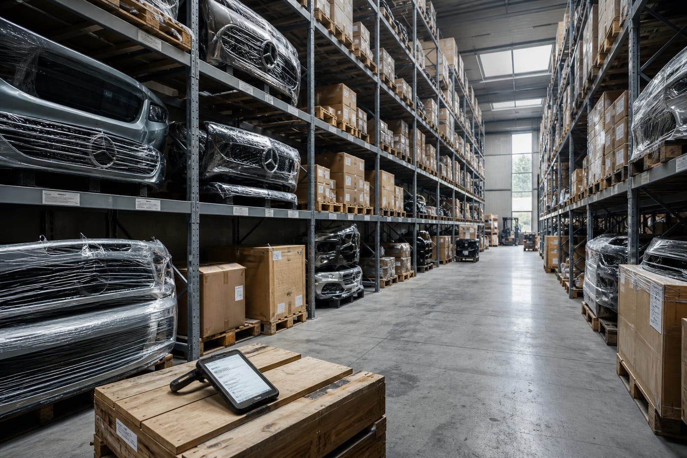 Steel racking of labelled Mercedes parts boxes and film-wrapped bumpers in the Kaunas warehouse