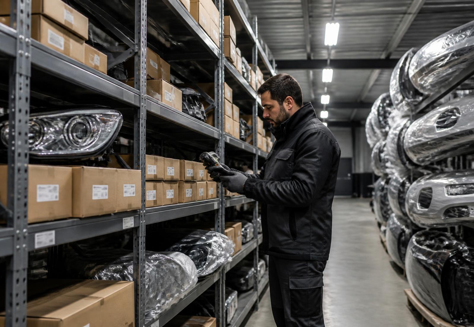 Technician scanning labelled boxes of Mercedes-Benz parts beside racked bumpers wrapped in protective film