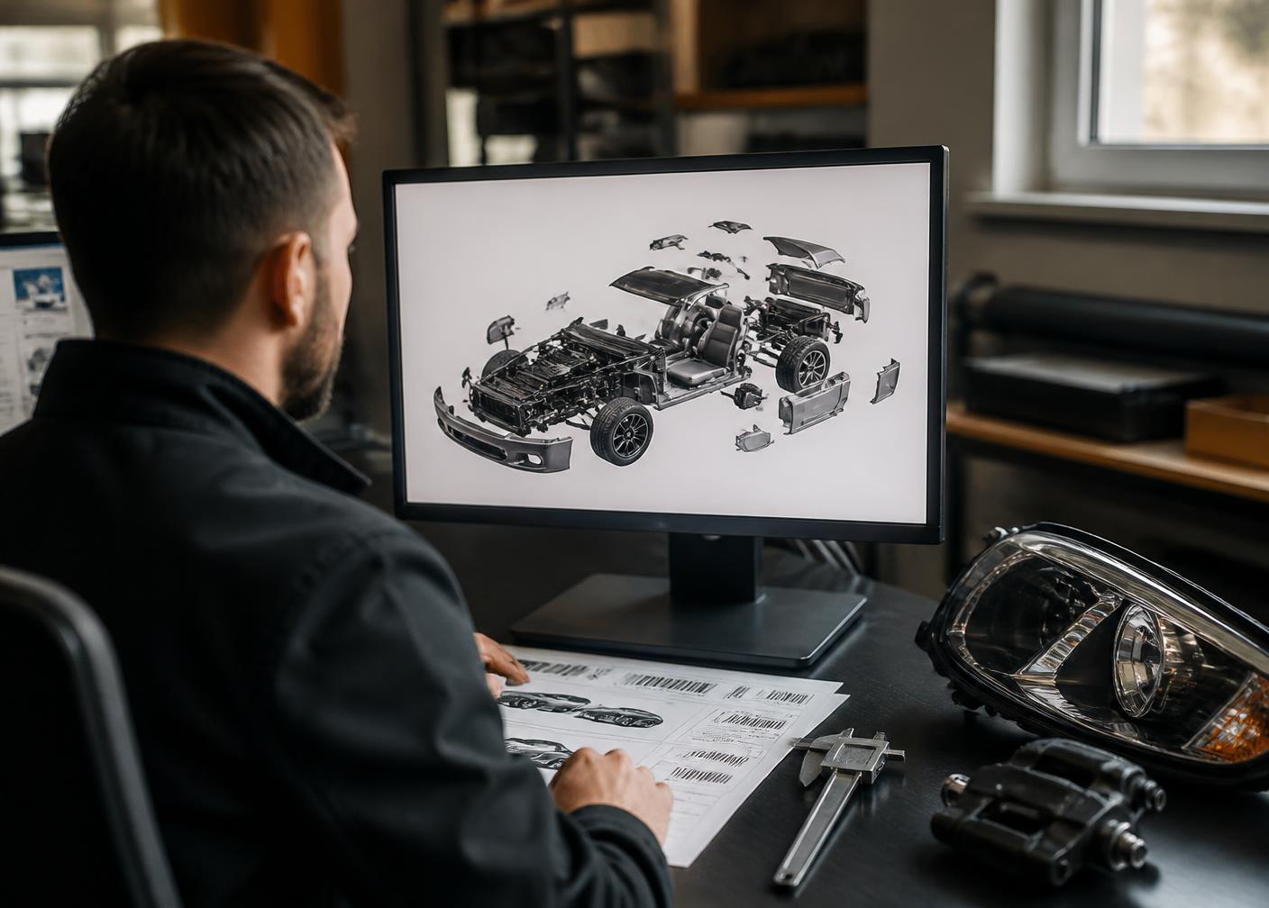 Parts specialist checking a chassis fitment diagram on screen at the Stern Chassis Parts desk