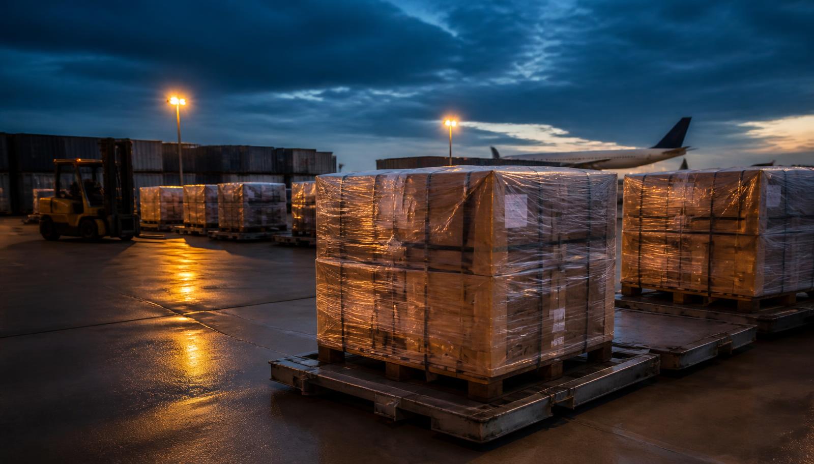 Palletised air cargo and containers on a logistics apron at dusk